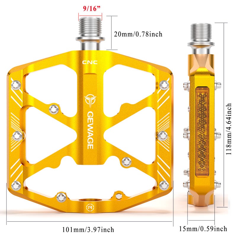 GEWAGE Bike Pedals 9/16 Inch - Bicycle Pedals with Reflectors - 3 Sealed Bearings MTB Pedals Wide Platform Pedals for Mountain Bike, BMX, Road Bike Pedals (Gold) - Image 4